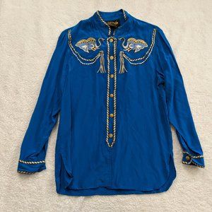 SOLD - BOB MACKIE "Wearable Art" Blue Elephant Silk Shirt Gold Embroidery, 1980s